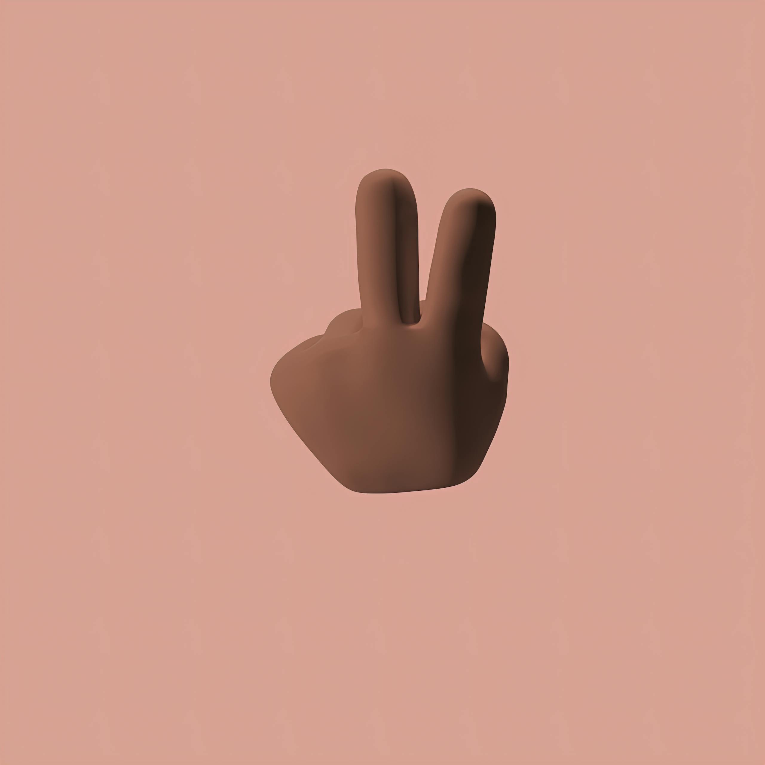 Minimalistic 3D illustration of a hand making a peace sign against a neutral backdrop.